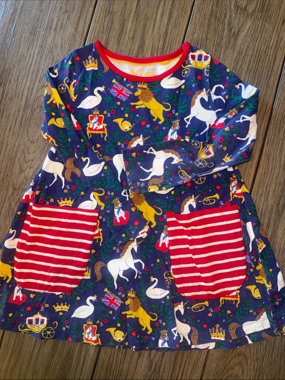Mini Boden Navy Royal Animals Dress with Red Striped Pockets